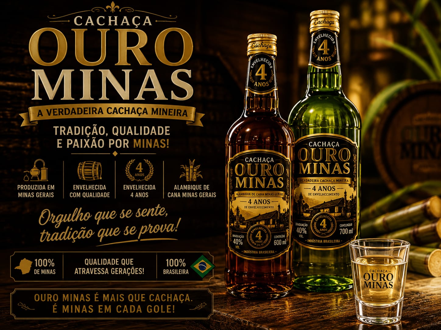 Apresentações âmbar e verde da Cachaça Ouro Minas