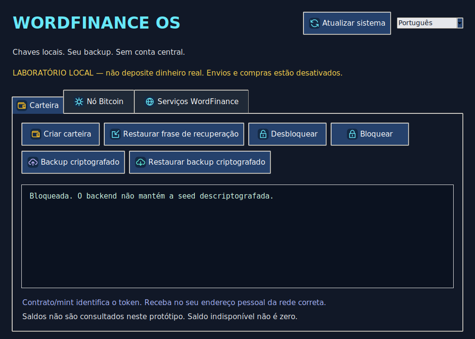 Prévia da interface nativa com ícones e nomes das ações. Perfil de teste, sem fundos.